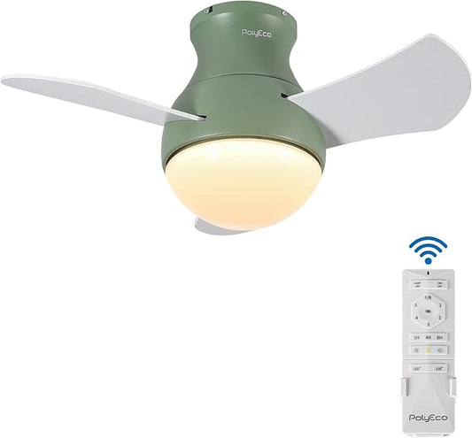 Ceiling Fan with LED Lights Flush Mount Low Profile Ceiling Fan with Remote Control 3 Plywood Fan Blades Small Ceiling Fan with Green Reversible DC Motor for Bedroom Living Room