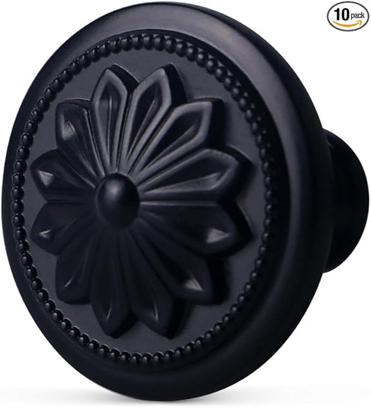 Kitchen Cabinet Knobs, 10 Pack Matte Black Zinc Alloy, 1-2/5'' Round Handles for Cabinets and Drawers Dresser, Included Screws