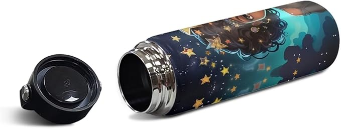African Princess Insulated Water Bottle 20 oz Stainless Steel Bottle Reusable Wide Mouth African American Girl Water Bottle with Handle Thermal Mug Sports Water American Girl
