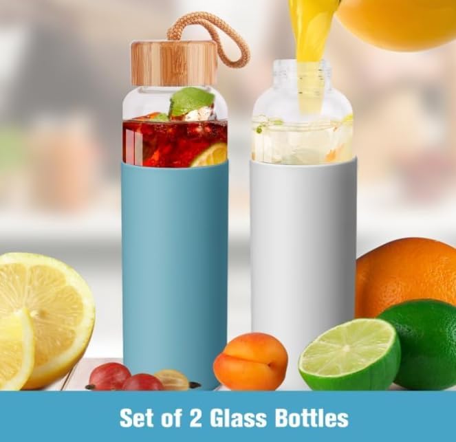Lily's Home Glass Water Bottles Set of 2 - Glass Water Bottle Set. 18 oz Glass Bottles with Lids (Bamboo, Leakproof Seal), BPA Free, Silicone Sleeves to Avoid Drops & Bumps and Snags Tabletops