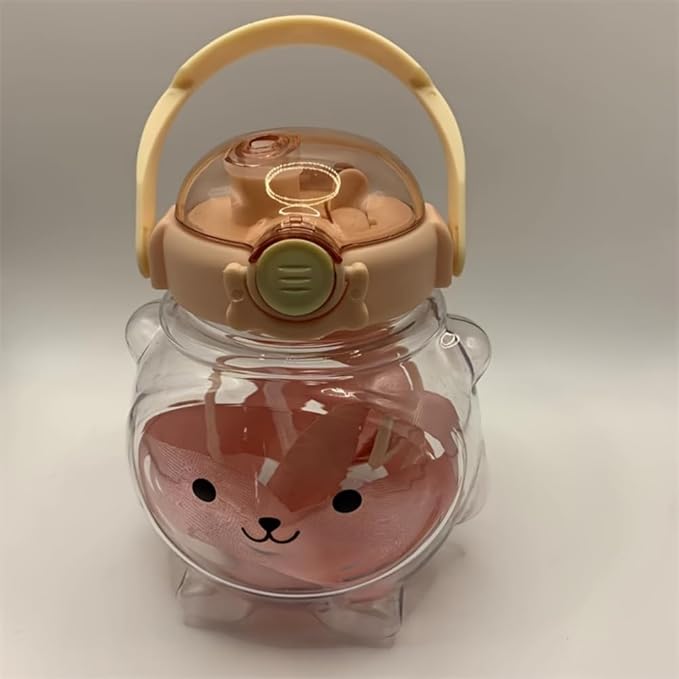 Cute Bear Water Bottle with Strap and Straw, 32oz Kawaii Kids Water Bottles, Leak-proof Plastic Drinking Cups for Children kids Girls Women School Sports Camping Picnic Hiking Travel (Pink)