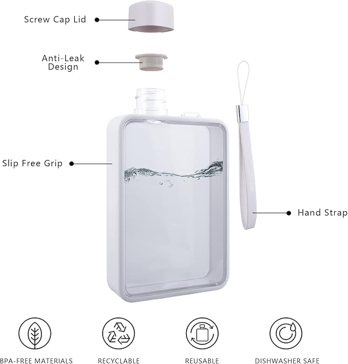 Flat Water Bottle, Portable A5 Water Bottle, 13oz Flat Travel Flask for Camping Fitness Gym (White)