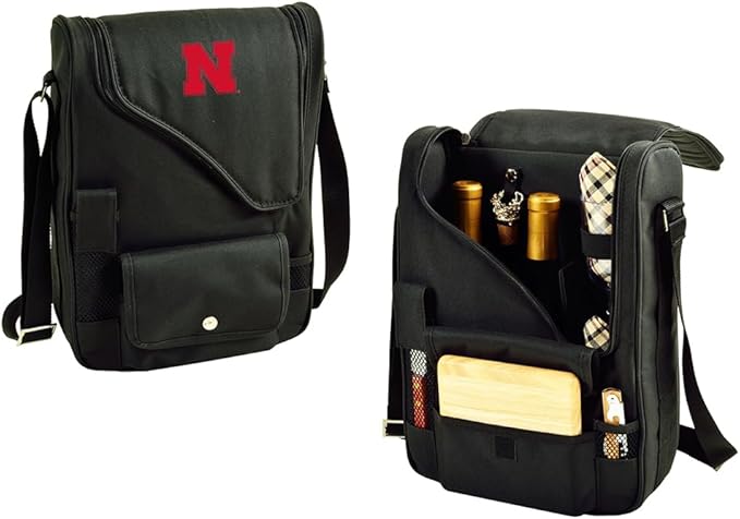 Nebraska University Cornhuskers Licensed Deluxe Wine Carrier with Wine Glasses and Accessories for Two Assembled & Quality Approved in The USA