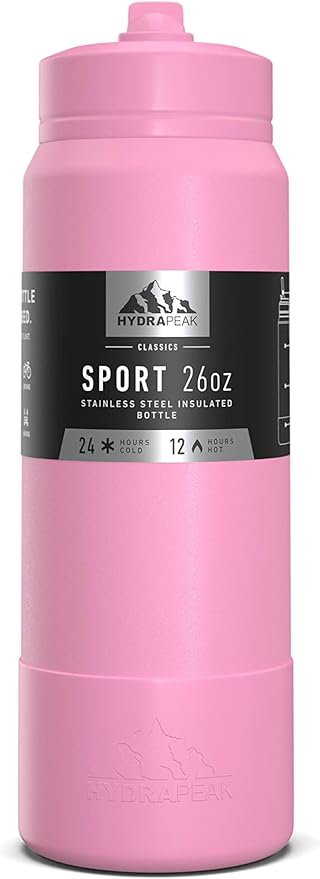 Hydrapeak 26oz Sport Insulated Water Bottle with Straw or Chug Lid, Leak & Spill Proof, Keeps Drinks Cold for 24 Hours, Hot for 12 Hours, Premium Stainless Steel Water Bottles (26oz, Bubblegum)