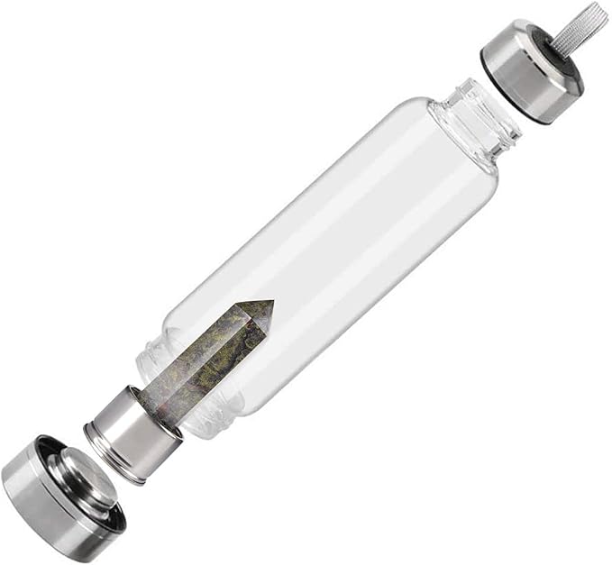 Crystal Glass Water Bottle, Glass Water Bottle with Changeable Natural Crystal Center, Quartz Gemstone Water Bottle for Natural