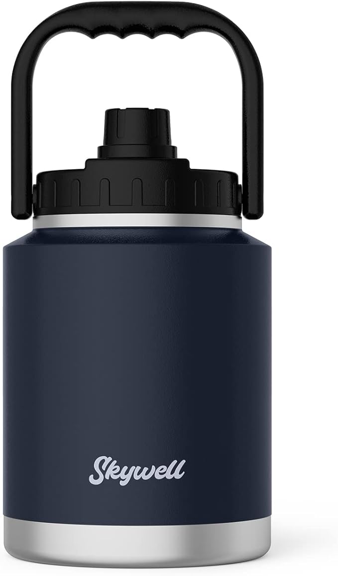 SkyWell Half Gallon Insulated Water Bottle with Handle and Wide Mouth Water Flask Sweat-Proof and Leak-Proof 64 Oz Water Jug for Outdoors, Navy