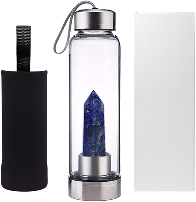 Crystal Glass Water Bottle,Water Bottle With Gemstone Center Crystal Elixir Bottle,Removable Gemstones Creative Water Cup Crystal Column Magic Wand Energy Cup for Gifts (G-Blue Stone)
