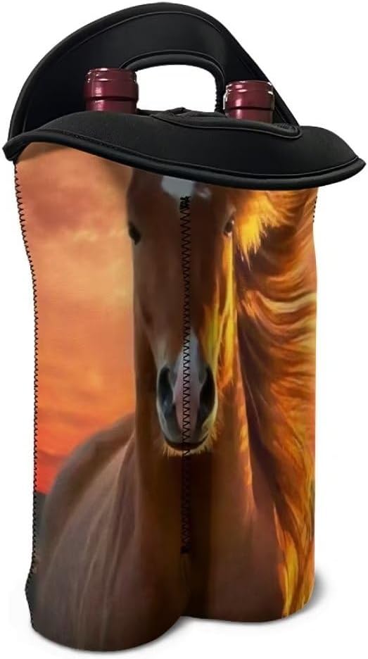 doginthehole 2 Bottle Wine Carrier Tote Horse Sunset Print Insulated Wine Cooler Bag Soft Portable Wine Bottle Carrier Neoprene Wine Tote Holder Insulated Cooler Protector Sleeve
