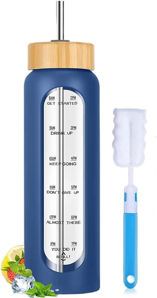 32 oz Glass Water Bottles with Straw - Motivational Glass Water Bottle with Time Marker & Silicone Sleeve(navy bule)