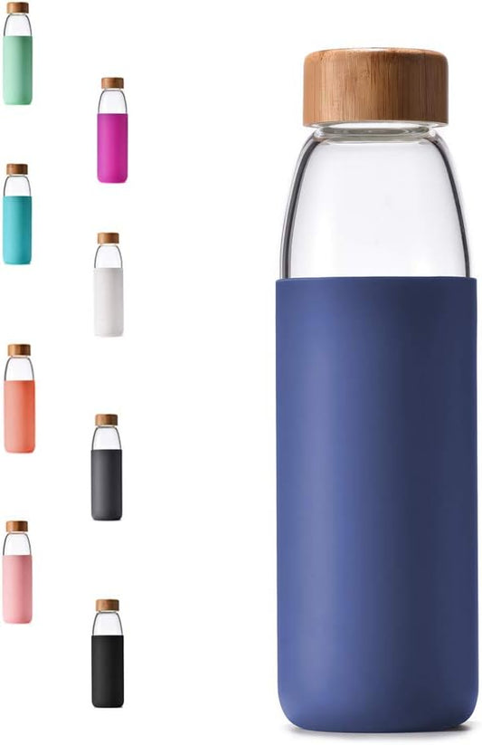 veegoal Glass Water Bottles 18 Oz Borosilicate with Bamboo Lid, BPA-FREE, Non-Slip Silicone Sleeve, and Stainless Steel Leak Proof Lid - Glass Water Bottle for Men and Women