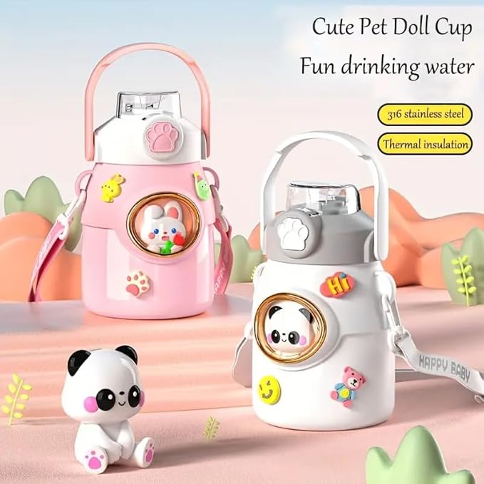 Cute Water Bottle with Strap and Straw 22oz Aesthetic Kawaii Water Bottles BPA-free Leak-proof Insulated Water Bottles for Girls Sports Travel(Pink)