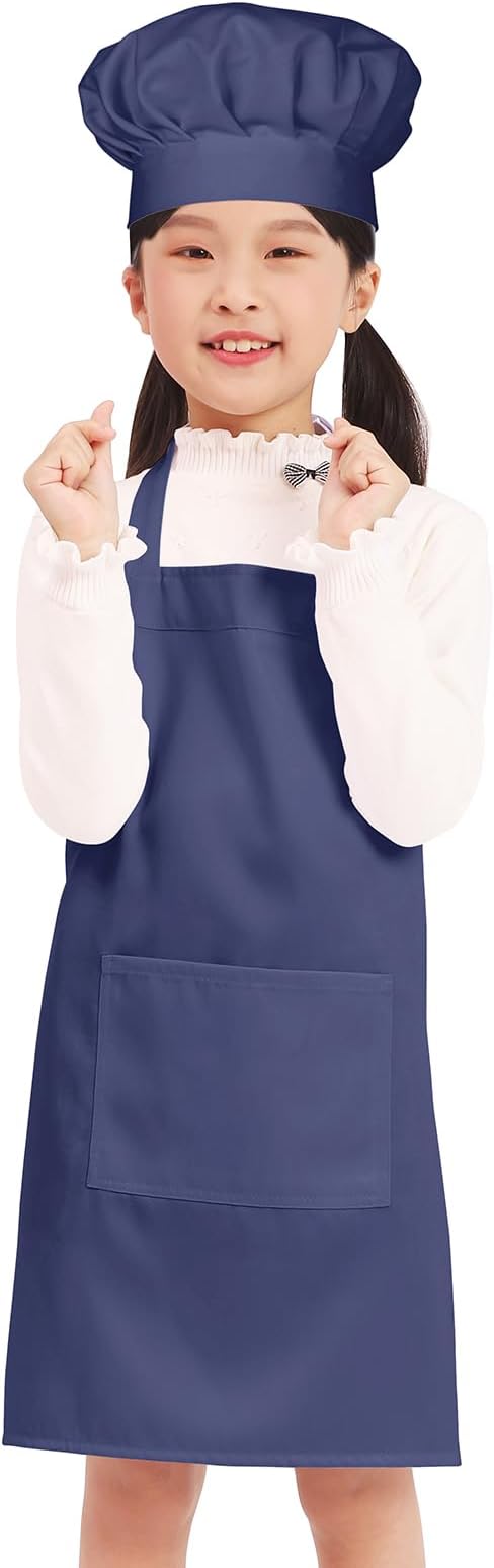 Kids Apron Chef Hat Set for Boys and Girls Adjustable Neck Strap Hook and Loop Fastener Design Waistband for Baking