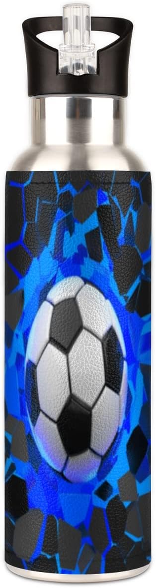 Insulated Stainless Steel Water Bottle with Straw 20oz Blue Black 3d Sport Soccer Football Sports Water Bottles BPA Free Leakproof Metal Vacuum Flask Jug for Kids Gym Fitness