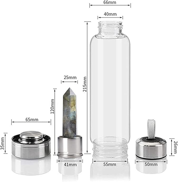 Crystal Glass Water Bottle, Glass Water Bottle with Changeable Natural Crystal Center, Quartz Gemstone Water Bottle for Natural