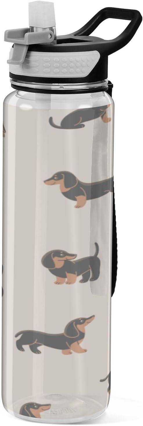 Kigai Cute Dachshund Dogs Clear Water Bottle with Straw Lid, BPA-Free Leakproof Sport Water Bottle 32oz Large Gym Water Jug for Men Women Travel Fitness Outdoor