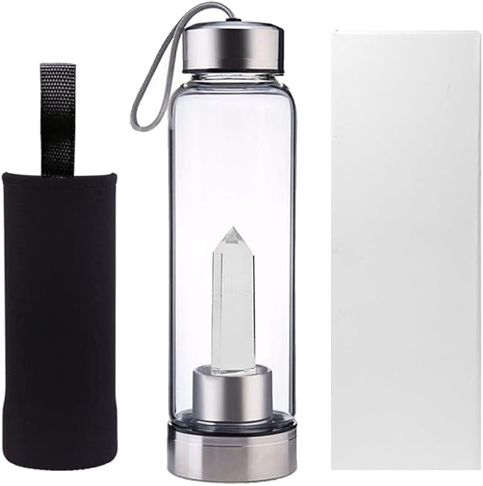 Crystal Glass Water Bottle,Water Bottle With Gemstone Center Crystal Elixir Bottle,Removable Gemstones Creative Water Cup Crystal Column Magic Wand Energy Cup for Gifts (S-White Smelting Stone)