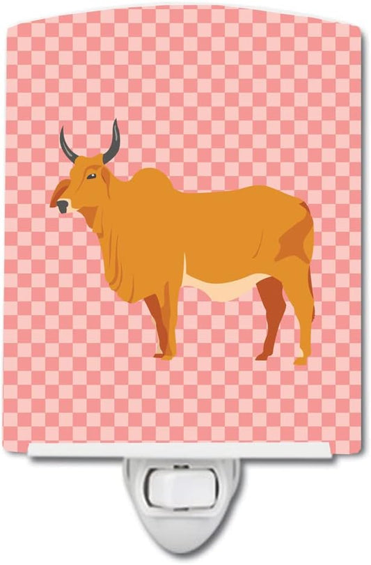 Caroline's Treasures BB7825CNL Zebu Indicine Cow Pink Check Ceramic Night Light Compact, UL-Certified, Ideal for Bedroom, Bathroom, Nursery, Hallway, Kitchen, 6x4x3, Multicolor