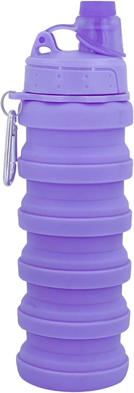 Collapsible Water Bottles Travel Sports Portable Sport Water Bottle comes with mountaineering Buckle 500ml silicone Water-proof camping water bottle (Purple Color)