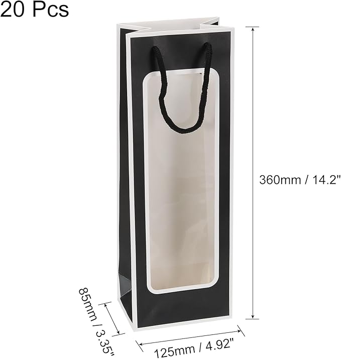 uxcell Wine Bags, 20pcs 4.92"x3.35"x14.2" Wine Gift Bags with Rope Handles, Paper Wine Tote Bag with Clear Window for Wedding Birthday Christmas Party Supplies, Black White