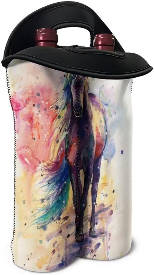 doginthehole Horse Wine Bottle Travel Bag 2-Bottle Wine Carrying Tote Picnic Cooler Bag Watercolour Animal Print Champagne Carrier Bag Portable Neoprene Wine Tote Holders Insulated Sleeve