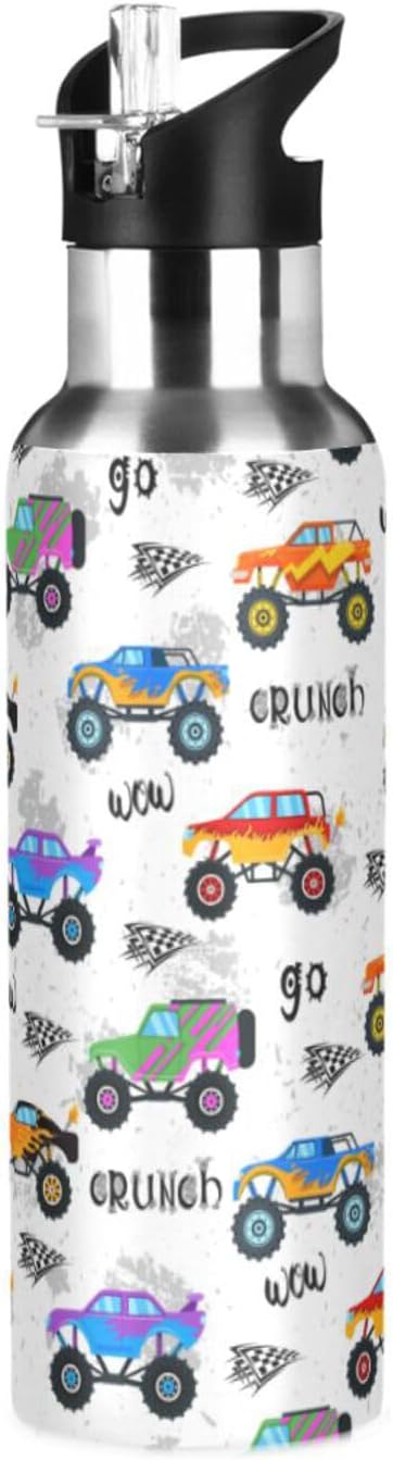Monster Truck Sports Water Bottle, Double Wall Vacuum Insulated Stainless Steel Water Bottle with Straw Keeps Hot and Cold, Bike Running Sports Travel Gym 20oz
