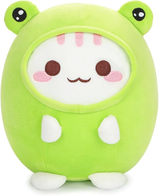 Cute Plush Frog Cat Stuffed Animal Pillow, 8" Soft Kawaii Kitten Plushie with Frog Outfit Gift for Kids