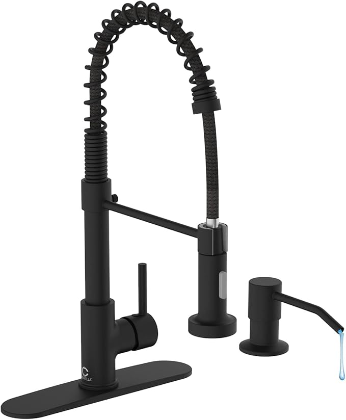 Kitchen Faucet Set, Black Kitchen Sink Faucets with Pull Down Sprayer and Soap Dispenser, Single Handle Stainless Steel Faucets for Kitchen Sinks, Farmhouse Kitchen Faucets with Deck Plate