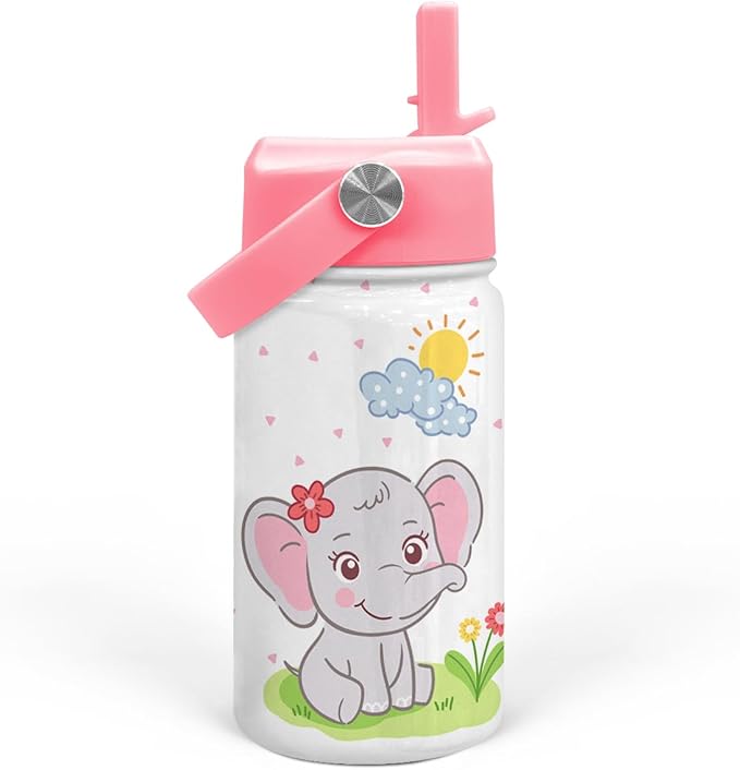 Elephant Water Bottle - Kids Water Bottle with Straw Lid - 12 Oz Insulated Stainless Steel Water Bottles for Toddlers Kid Girl - Travel Cup for School Sports