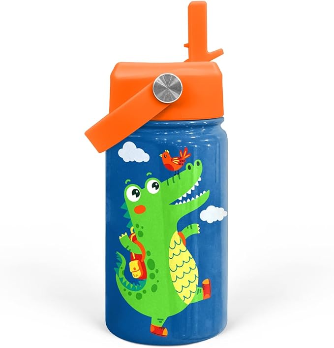 Crocodile Water Bottle - Kids Water Bottle with Straw Lid - 12 Oz Insulated Stainless Steel Water Bottles for Toddlers Kid Boys - Travel Cup for School Sports