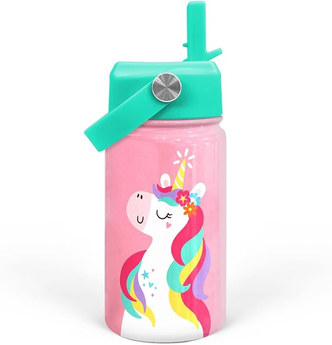 Unicorn Water Bottle - Kids Water Bottle with Straw Lid - 12 Oz Insulated Stainless Steel Water Bottles for Toddlers Kid Girls - Travel Cup for School Sports