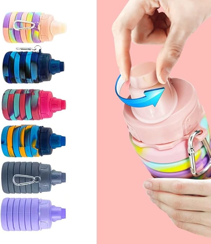 Collapsible Water Bottles 3 pack Travel Water Bottle Portable Hiking Water Bottle with Leak proof Twist Cap 500ML Reusable BPA Free Silicone Water Bottles with Carabiner. (Colorful)