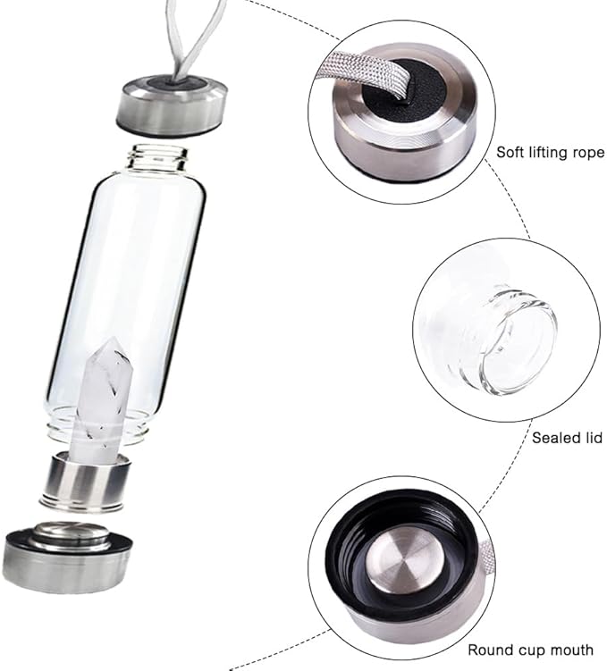 Crystal Glass Water Bottle,Water Bottle With Gemstone Center Crystal Elixir Bottle,Removable Gemstones Water Cup Crystal Column Magic Wand Energy Cup for Gifts (J-Black Tourmaline)