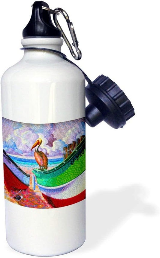 3dRose "Colors abound on our mosaic look background of a ship and pelican on the beach" Sports Water Bottle, 21 oz, White