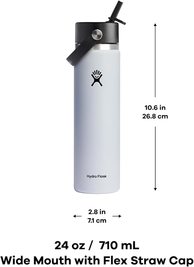 HYDRO FLASK Wide Mouth vacuum insulated stainless steel water bottle with leakproof closeable straw lid for cold water drinks, sports, travel, car and school