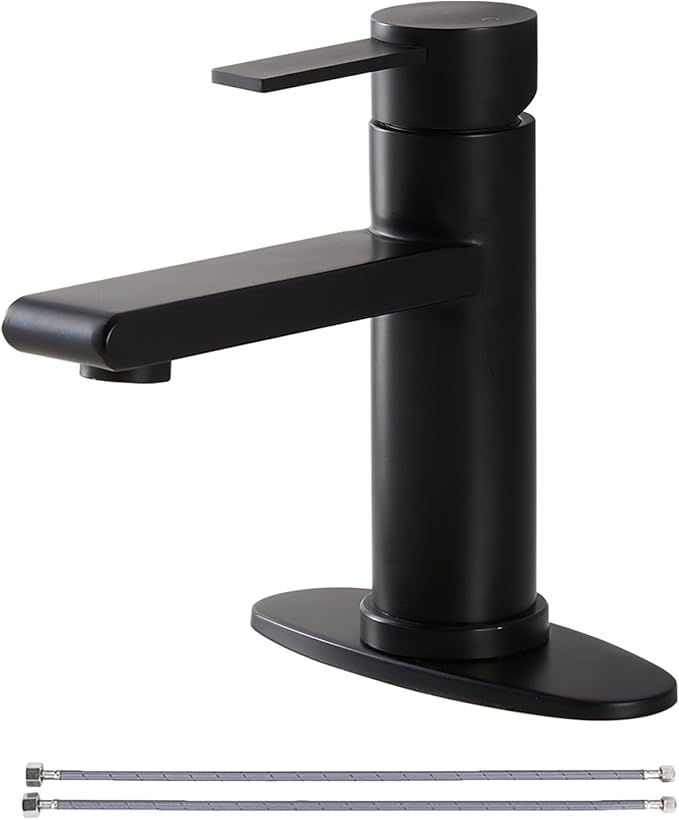 Black Bathroom Faucet Single Hole Bathroom Sink Faucet, Matte Black Single Handle Vanity Basin Faucet with Supply Deck Plate, Modern Farmhouse RV Faucet 1 or 3 Holes