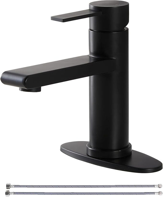 Black Bathroom Faucet Single Hole Bathroom Sink Faucet, Matte Black Single Handle Vanity Basin Faucet with Supply Deck Plate, Modern Farmhouse RV Faucet 1 or 3 Holes