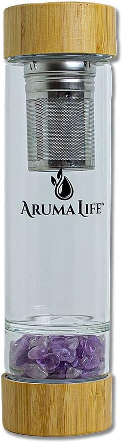 Crystal Water Bottle with a Loose-Leaf Tea/Fruit Infuser, Safe for Hot and Cold Drinks, Eco-friendly & Plus BONUS Protective Sleeve & Extra Set of Crystals Amethyst & Rose Quartz