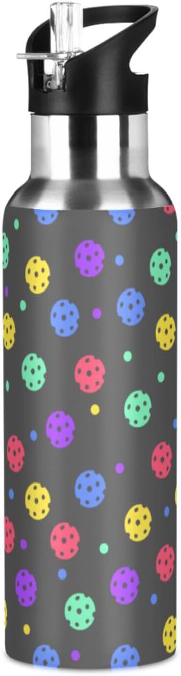 Colorful Pickleball Sports Water Bottle, Double Wall Vacuum Insulated Stainless Steel Water Bottle with Straw Keeps Hot and Cold, Bike Running Sports Travel Gym 20oz