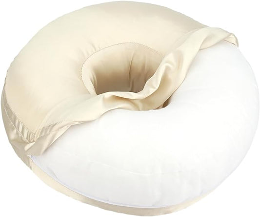 Satin Ear Piercing Pillow Removable Cover Luxury Cnh Pillow with Ear Holes for Ear Pain Side Sleepers Washable Large Donut Pillows Head Neck Support Champagne