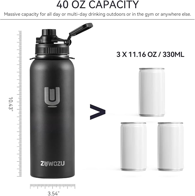 Water Bottle with Strap, 40oz Insulated Stainless Steel Water Bottle with Straw, Spout Lid & Handle, Metal Flask Jug with Carrier Bag, Great for Hiking, Sports & Gym, Black
