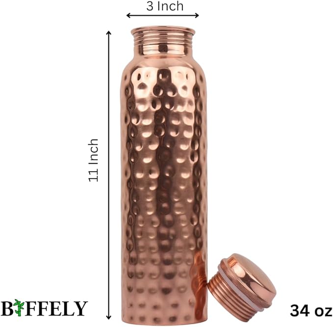 Copper Water Bottle - 34 Oz Extra Large - A Hammered Ayurvedic Pure Copper Vessel For Drinking - Drink More Water, Lower Your Sugar Intake And Enjoy The Health Benefits Immediately