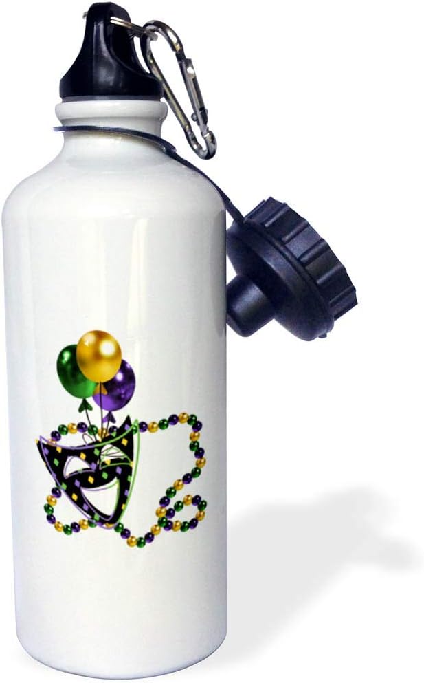 3dRose Mardi Gras Mask and Beads-Sports Water Bottle, 21 oz, White