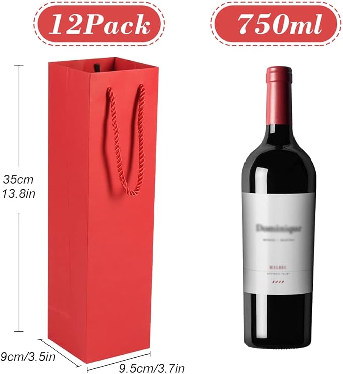 HRX Package Thick Kraft Paper Wine Tote Gift Bags for 1 Bottle, 12PCS Sturdy Paper Wine Gift Bags with Handles for Christmas, Party, Shopping, Retail Merchandise (Red)
