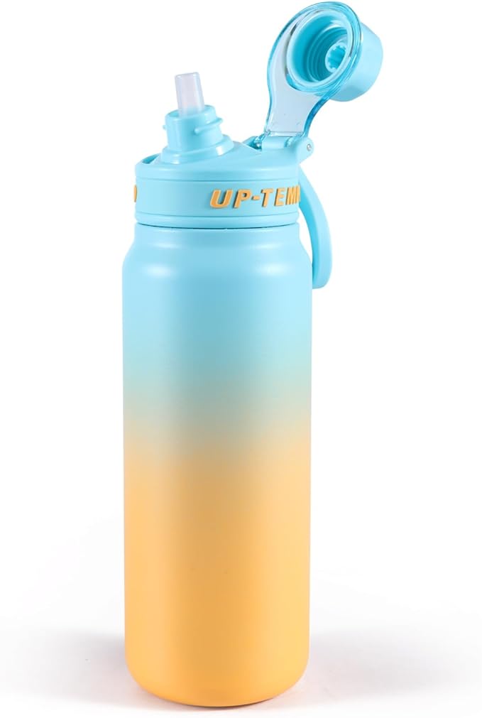 28oz Sports Water Bottle with Straw, Stainless Steel Vacuum Insulated Cooling Water Bottle, Leak Proof Metal Water Bottle, Double Insulated, Suitable for Sports, Gym and Travel (Light Blue & Yellow)
