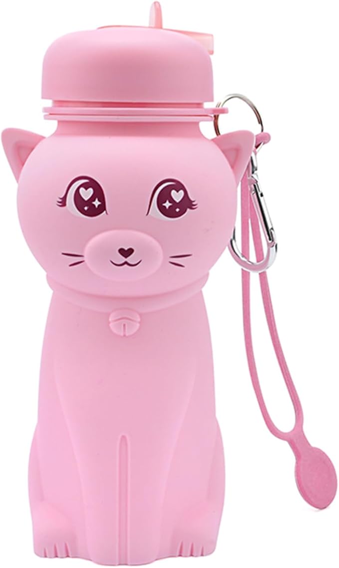 Cat Water Bottle,Collapsible Water Bottle for Kids,Cute Water Bottles -kawaii Cat Appearance - Portable Leak Proof with Roll Up Foldable Silicone Features for Sports，BPA Free (pink)