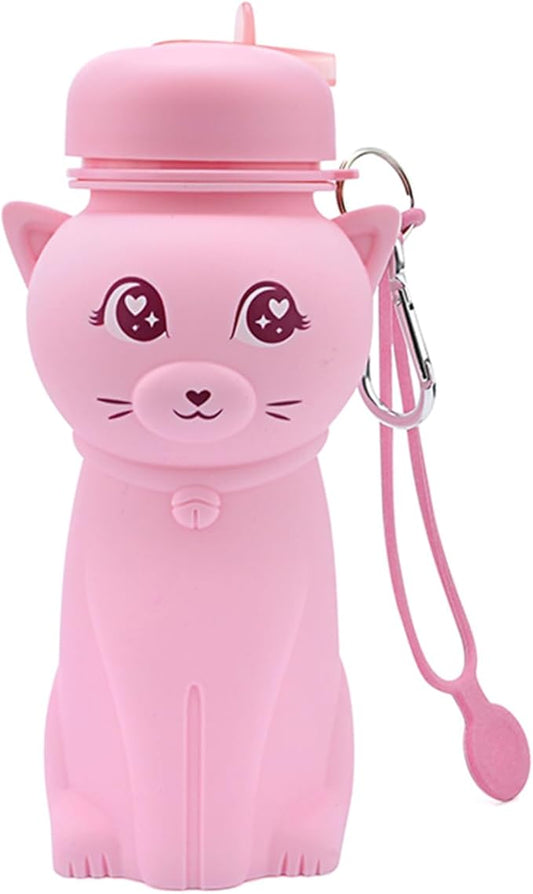 Cat Water Bottle,Collapsible Water Bottle for Kids,Cute Water Bottles -kawaii Cat Appearance - Portable Leak Proof with Roll Up Foldable Silicone Features for Sports，BPA Free (pink)