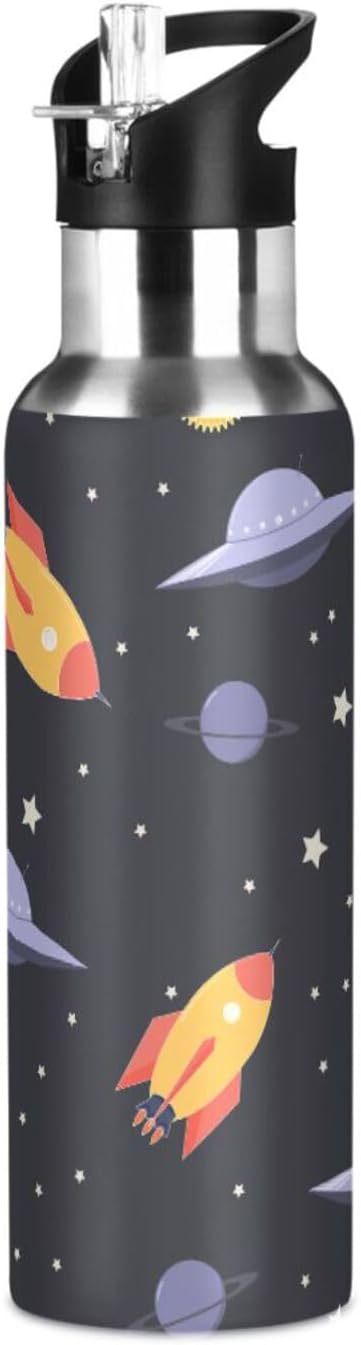 Space ＆ Rocket Sports Water Bottle, Double Wall Vacuum Insulated Stainless Steel Water Bottle with Straw Keeps Hot and Cold, Bike Running Sports Travel Gym 20oz