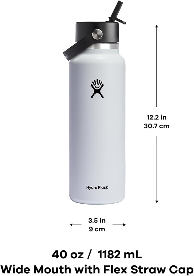 HYDRO FLASK Wide Mouth vacuum insulated stainless steel water bottle with leakproof closeable straw lid for cold water drinks, sports, travel, car and school