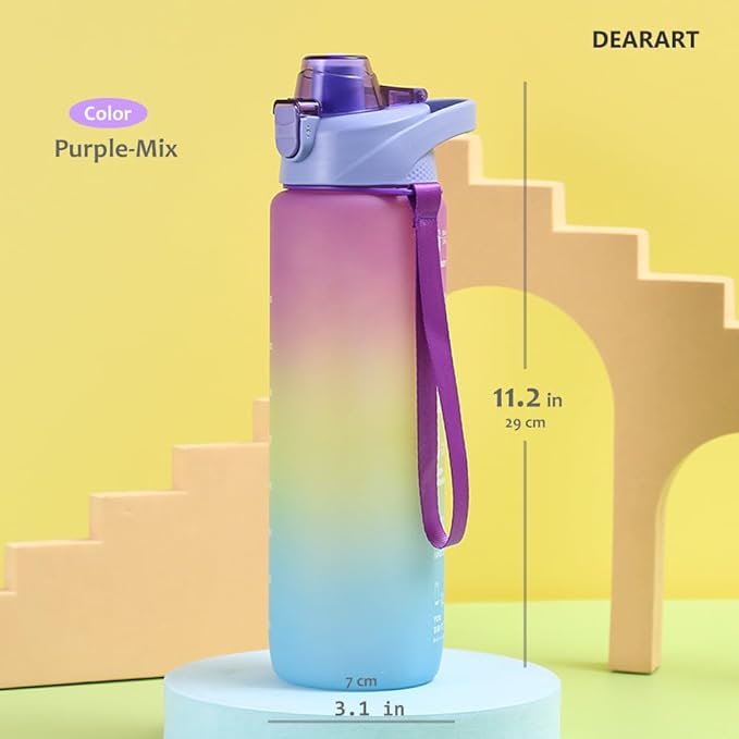 DEARART 32oz Water Bottle With Motivational and Time Marker, BPA FREE Quick Drink No Straw, Easy Clean Suit Sports Office Gym School, Purple-Mix