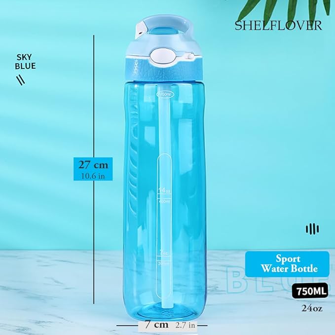 SHELFLOVER Light Blue Water Bottle With Narrow Straw, BPA FREE Clear Bottles With Handle One Hand Use Easy Carried, Flip Up, Suit School, Office, Gym, Office, 24oz (750ml), SLWB24OLB